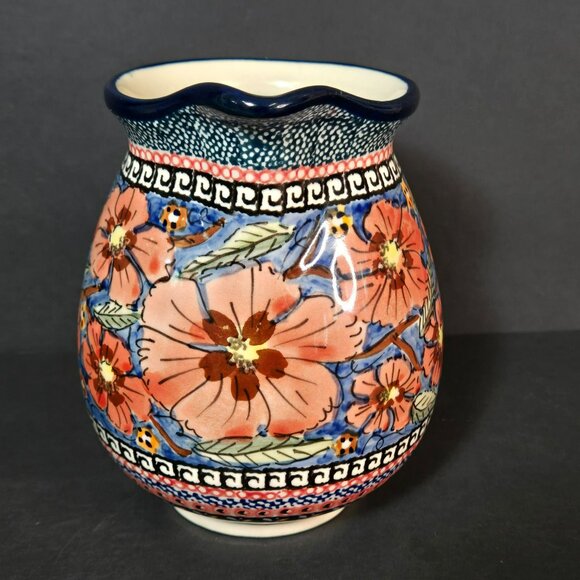 Polish Pottery UNIKAT Jungle Flower Small Stoneware Pitcher w Floral Design 6" - Picture 2 of 9